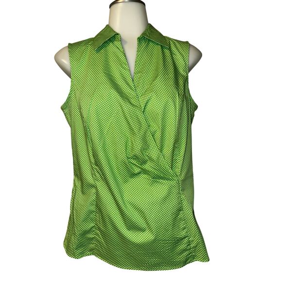 Talbots Top Women’s Size 6 Parrot White Faux Wrap Polka Dot Sleeveless Side Zip - Picture 1 of 7